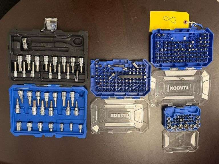 Assorted Kobolt Tool Sets - Impact Drivers, Right Angle Bit Drivers, Screwdriver Bit Set, and Driver Socket Set.