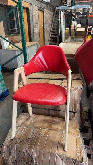 Modern Red Vinyl Dining/Side Chair, Wooden Frame, Armrests, Mid-Century Style, (3) boxes, (3) per box, assembly required.