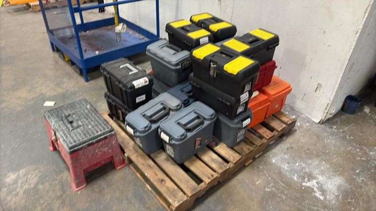 Mixed Lot of 20 Plastic Tool Boxes, Assorted Colors, Stackable, Approx. 18" Size, Industrial Use