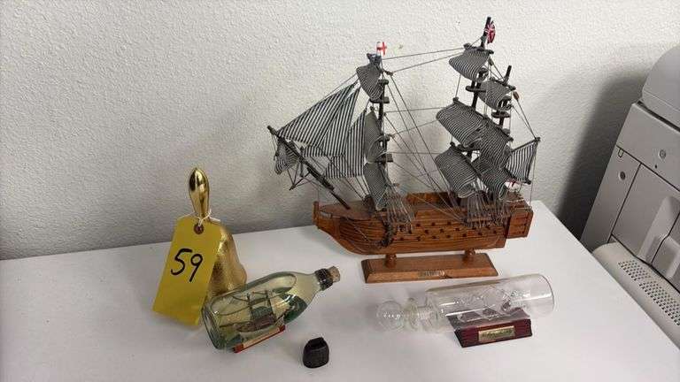 HMS Victory Wood Model Ship, Bremen Ship in Bottle, Glass HMS Bounty, Decorative Bells