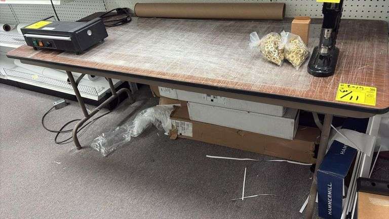 Lot of (5) 6-Foot Rectangular Folding Tables with Laminate Wood Grain Top and Folding Metal Legs