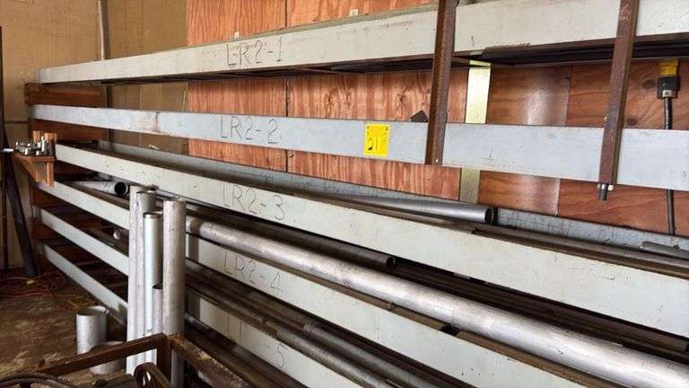SHOP MADE STEEL SHELVING WITH CONTENTS OF ASSORTED STAINLESS GALVANIZED AND ALUMINUM APPROXIMATELY 20‘ X 22“ X 75“