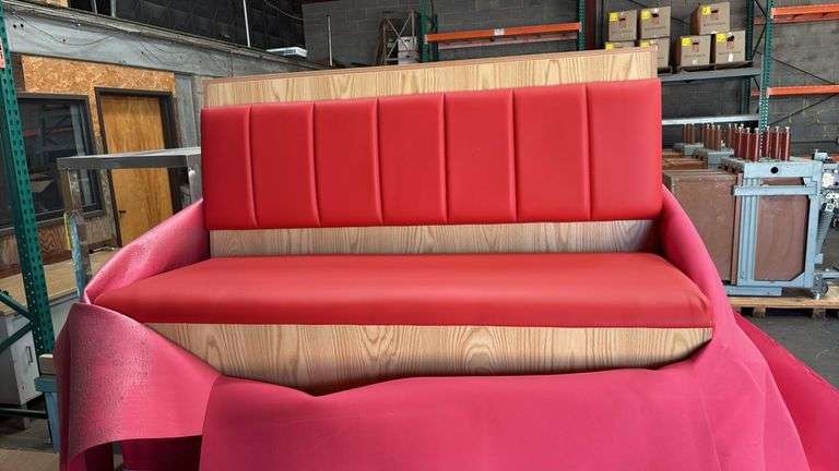 Red Vinyl Restaurant Booth Seat, 48" Single, Wood Trim, Vertical Channel Back, Seats 2-3