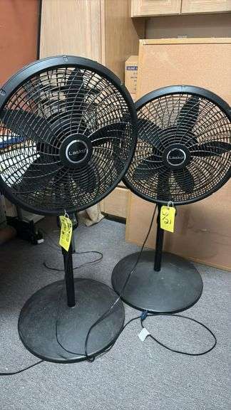 (2) Lasko 18" Pedestal Fans, 3-Speed, Electronic Timer, Adjustable Height, Black, Oscillating