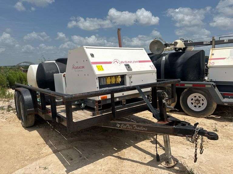 2019 Centex Trailer 16’ dual axle Trailer VIB 5RHCT162XLH003439 with Magnum 15 Generatot 13,535 Hours (Started at time of auction set up), 100 Gallon diesel tank, (2) Grundfos Pumps, and (2) 325 gallon poly water tanks. Fleet no. RSVT-03