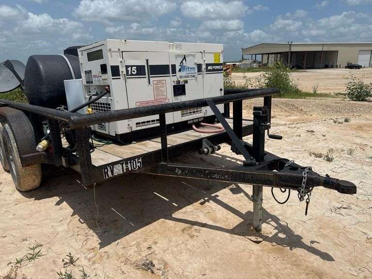 2020 Centex 12’ double axle trailer VIN 5RHCT1221LH002427, MQ Power 15 Generator, with 100 Gallon diesel tank, 325 Gallon poly tank, and Grundfos water pump. Generator did start and run at time of auction set up.