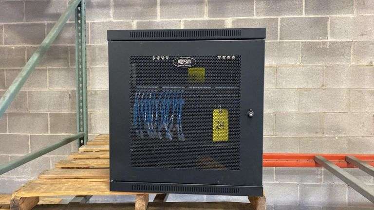 Tripp Lite SRW12USDP 12U Wall-Mount Network Rack Enclosure, Hinged, Locking, Patch Panels. serial number 3229BLWAC8A3E00208.