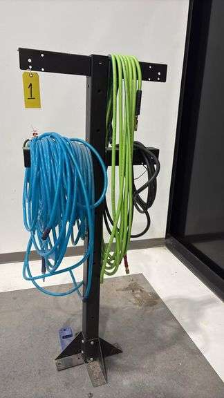Industrial Freestanding Hose Rack with 3 Hoses, Steel, 42" Height, Quick-Connects