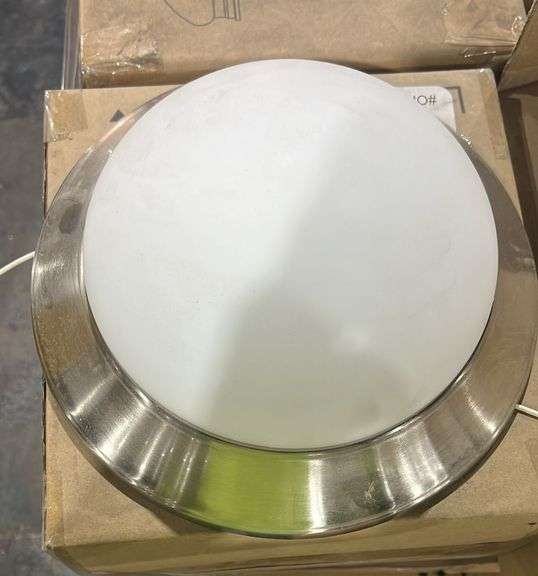 1-Light Brushed Nickel Flush Mount ceiling fixture featuring steel construction and an opalescent white glass shade (sold 120x the money)