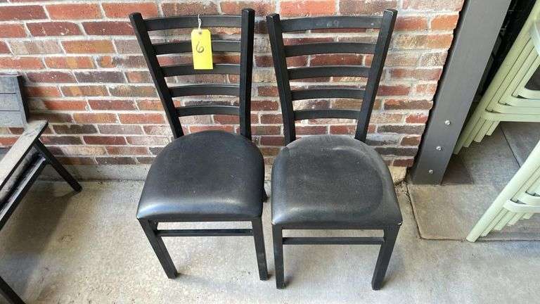 Black Metal Ladder-Back Dining Chairs, Padded Vinyl Seat, Pair, Commercial Grade, 32–36" Tall