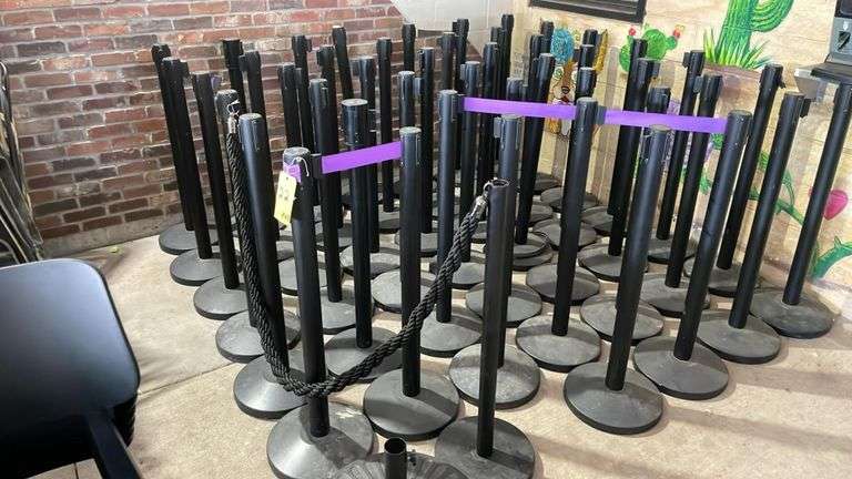 Black Crowd Control Stanchions, Retractable Purple Belts & Rope, Weighted Bases, 39” Tall