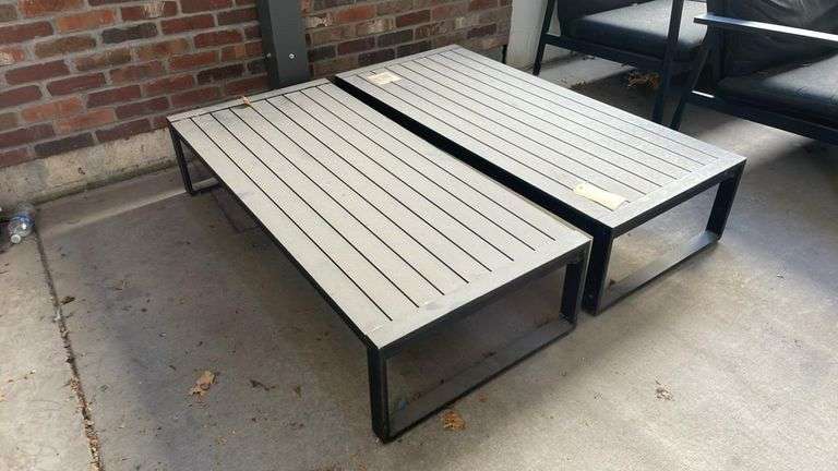 Outdoor Metal and Composite Slat Coffee Tables, Grey Top, Black Frame, Rectangular