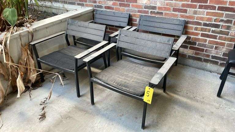 Set of 4 Outdoor Patio Armchairs with Cushions, Metal Frame, Black/Grey Finish