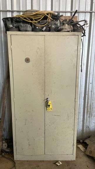Metal Cabinet with Assorted Contents - Contents include assorted filters, lubricants, a/c kits, and oils