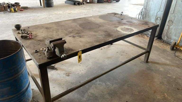 Steel Shop Made Table Approximately 8’ X 4’ w/ 6.5” Vice
