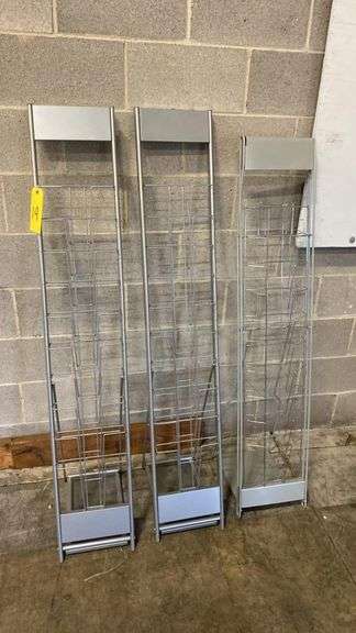 Set of 3 Freestanding Metal Literature Display Racks with 6 Slots Each, Silver Finish