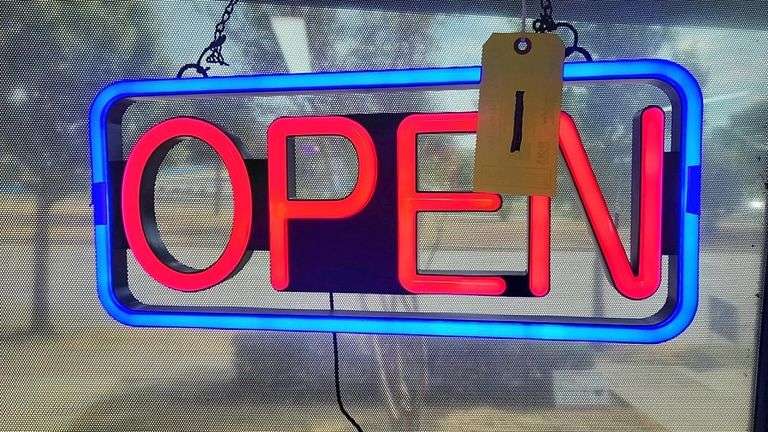 Illuminated LED "OPEN" Sign with Red Letters and Blue Border, 22 inches wide, 10 inches tall, Hanging Chain Included