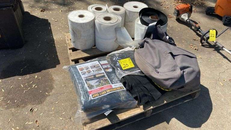 Lot (2) Pallets of Industrial Poly Tarps & Heavy Sheeting Rolls, 12 mil Tarp, Approx. 14 Rolls, Mixed Sizes