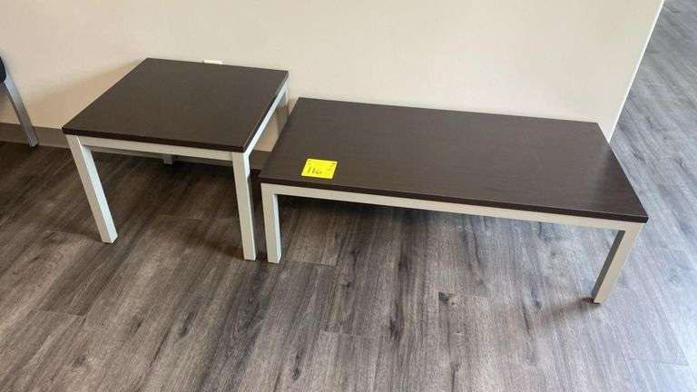 Contemporary Coffee & End Table Set – Dark Brown Top, Off-White Legs