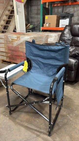 Folding Director's Chair with Side Table and Cup Holder, Blue Fabric, Black Metal Frame, 225 lb Capacity