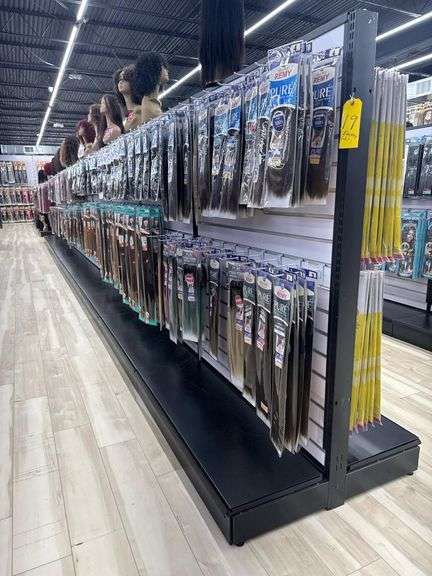 (27) Sections of (Empty) Metal Dual Sided Slotted Wall Displays w/ Metal Hanging Clips. Delayed Pick Up Required.