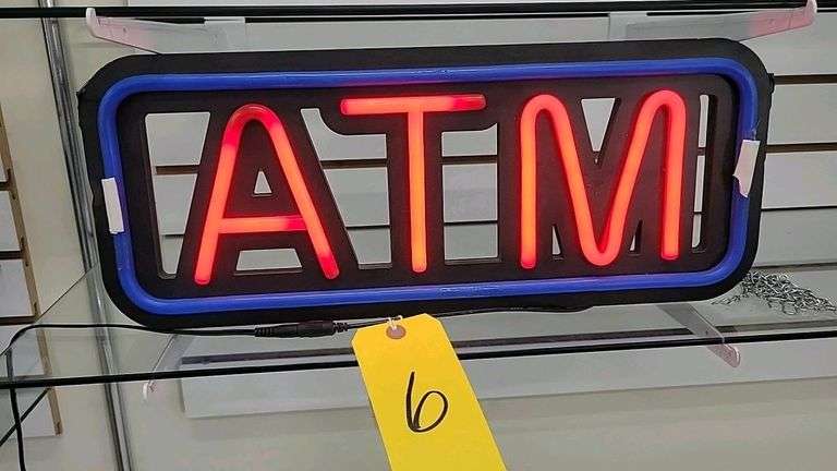 ATM LED Neon Sign, 20" x 8", Red and Blue, Includes Hanging Chain and Power Cord
