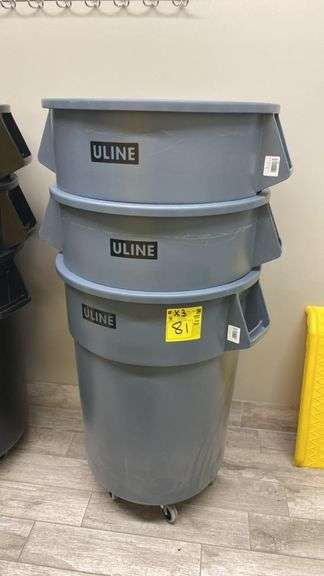 Uline 55-Gallon Gray Trash Cans with Wheels