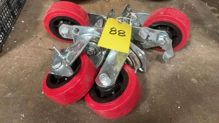 Set of 4 Swivel Caster Wheels with Brakes, 4" Red Polyurethane, 275 lbs Capacity Each