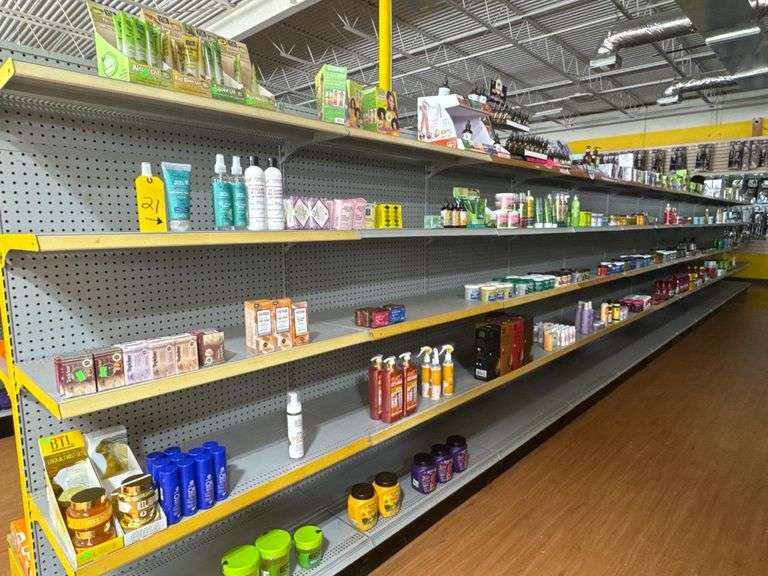 (1) Row - Large Assortment of Mixed Brand Hair & Skin Care: Oils, Shampoos, Relaxers, Dye Kits, 120+ Items, Shelf 21