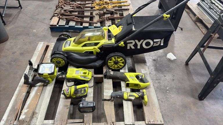 Ryobi ONE+ 18V Cordless Tool Lot: 16" Brushless Lawn Mower, Multi-Tool, Reciprocating Saw, Drill, Lights, Battery & Charger