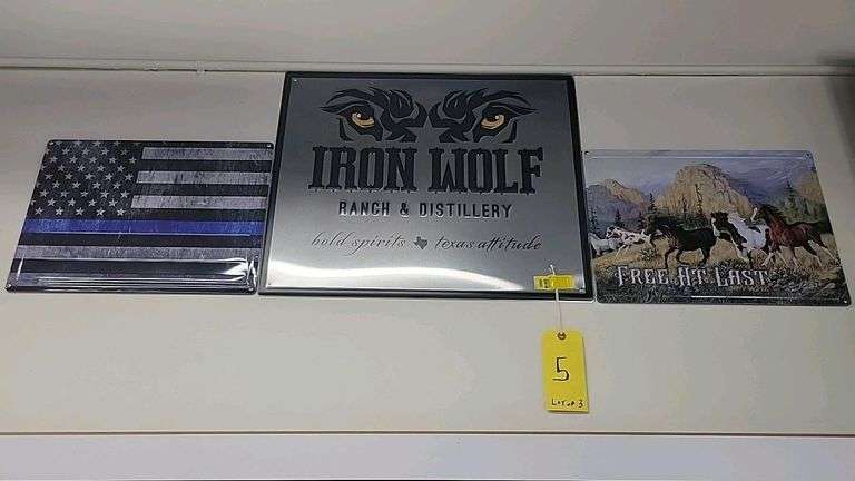 Lot of 3 Decorative Metal Tin Signs - Iron Wolf Ranch, Thin Blue Line Flag, Free At Last Horses