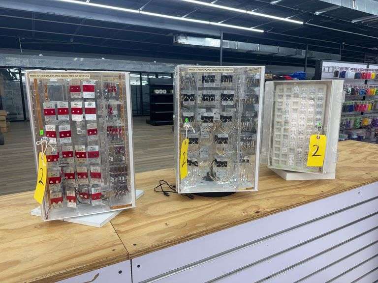 Lot of (3) Table Top Rotating Jewelry Cabinets w/ Keys. Includes Contents - Buti X 14KG, Rhodium Plated No Lead, No Nickel Earrings and Cubic Zirconia Earrings