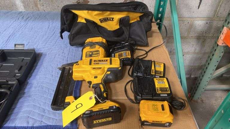 DeWalt DCN681 20V XR Brushless 18GA Narrow Crown Stapler Kit, (2) Batteries, (4) Chargers, & Dewalt Bag, serial ONQ3G0P.