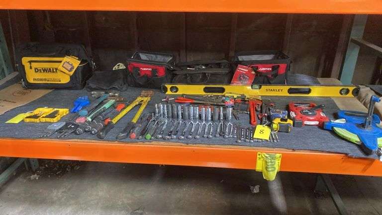 Large Mixed Hand Tool Set: Husky & DeWalt Bags, Pittsburgh Wrenches/Sockets, Stanley Level, Screw Drivers, Pipe Wrenches, Cutters, Etc...