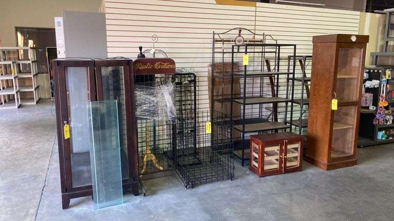 Lot of Assorted Display Cabinets, Shelving Units, Gridwall Racks, Etc