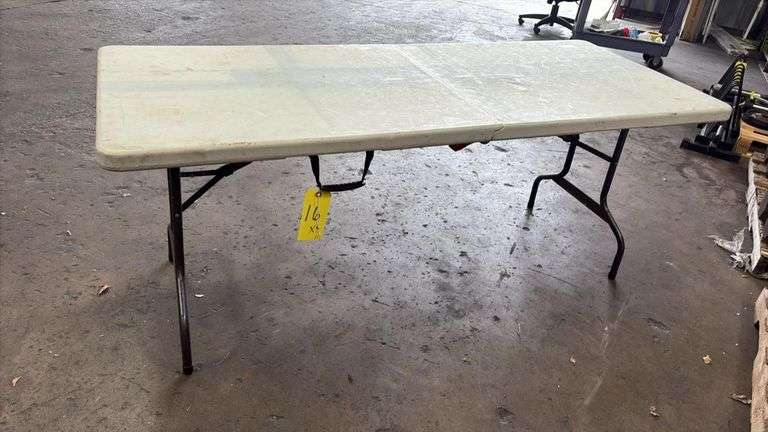 6-Foot Folding Banquet Table, White, Center-Fold, Carry Handle, HDPE Top, Black Steel Legs.