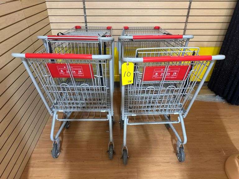 (4) Used Standard Shopping Carts with Child Seat, 'THANK YOU' Handles, Metal Wire Construction