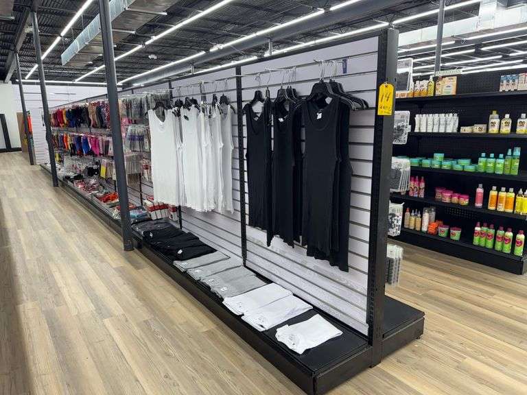 (19) Sections of (Empty) Metal Dual Sided Slotted Wall Displays w/ Metal Hanging Clips. Delayed Pick Up Required.