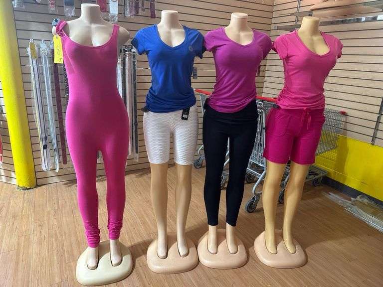(5) Female Mannequins, Headless and Armless, Beige Finish, Display Base and Fashion Clothing Included