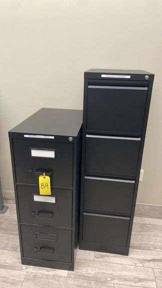 (1) Black Metal 4-Drawer Vertical Filing Cabinet, & (1) Black 3-Drawer File Cabinet