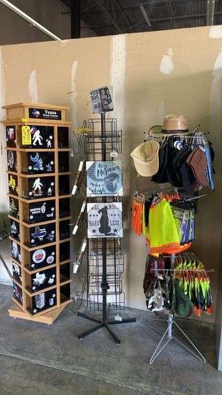 Lot of (3) Assorted Display Racks, With Assorted Items,Reflective Safety Hat Shade by Western Safety, 16"x13", High-Visibility Orange, Hats, Etc..