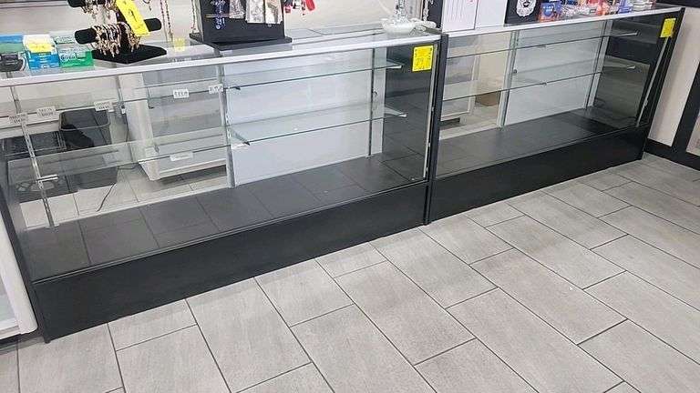 (2) 70" Full Vision Glass Display Cases with Black Frames and Adjustable Shelves