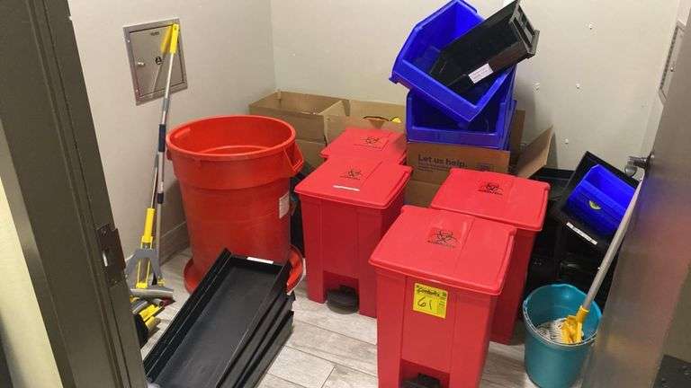 Medical Biohazard Step-On Waste Bins, Red 24-Gal, Brute 44-Gal Bin, Utility Tubs, Mop Bucket, Holders, Uline Storage Bins, Etc..