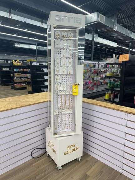 Arria by Kiss Rolling Rotating Display Cabinet w/ Plexigass Doors and Lighting, Lockable w/ Key. Includes Arria 14KT Gold Plated Jewelry as Shown - Necklaces, Earrings, and Bracelets. Cabinet Measures 16” X 16” X 75”