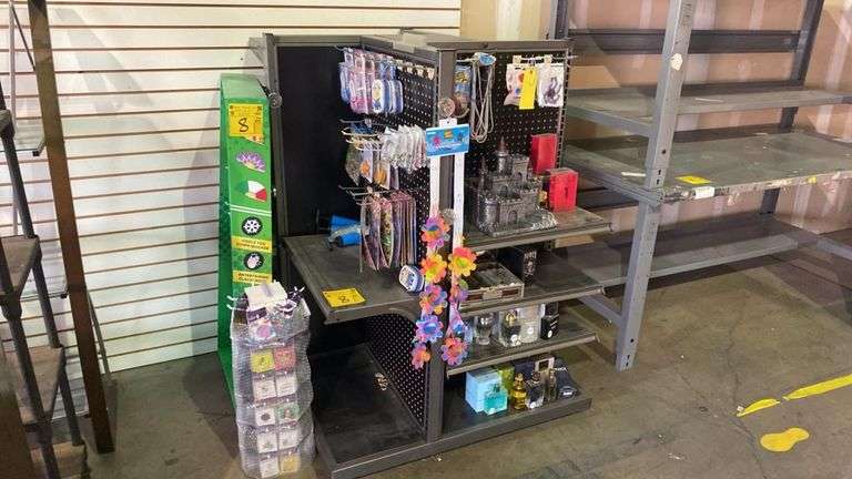 Black Metal Gondola Pegboard Display Fixture, 48"x24"x54", 3-Shelf, With Assorted Novelty Items, Etc