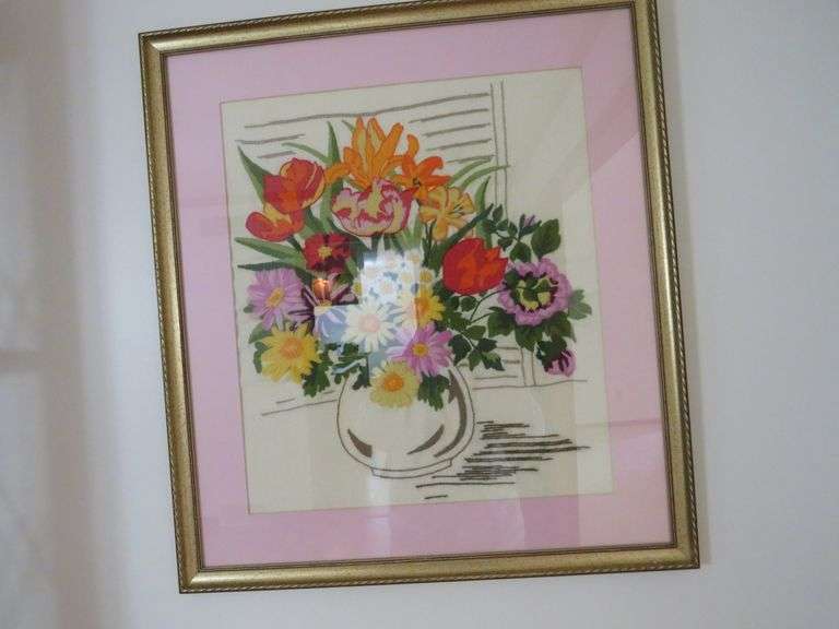 Vintage Framed Needlepoint – Vibrant Floral Bouquet