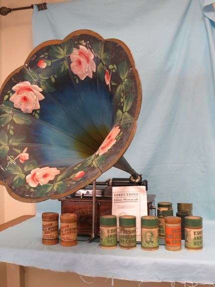 Stunning Antique Edison Phonograph w/ Vibrant Hand-Painted Horn – Display Ready!