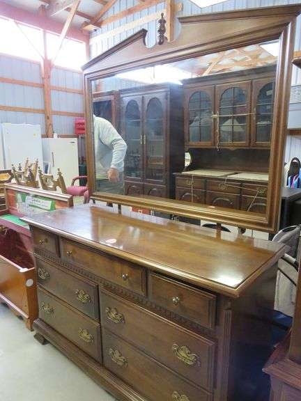 Ethan Allen Double Dresser with Pediment Mirror