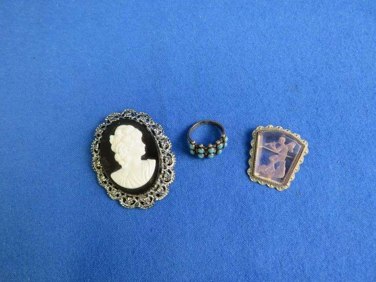 Vintage Jewelry Lot – Cameo Brooch, Intaglio Figural Pin & Sterling Silver Turquoise Ring