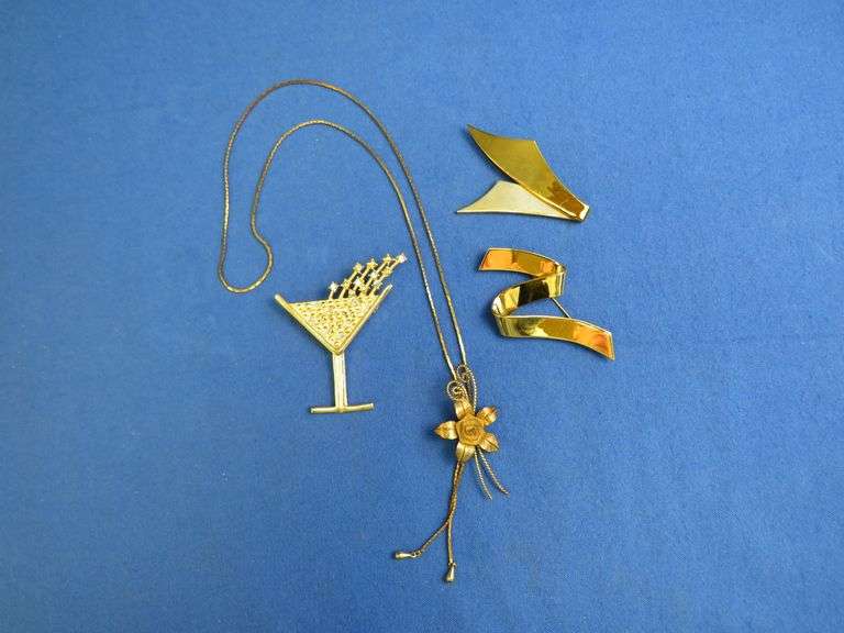 Vintage Gold-Tone Jewelry Lot – Floral Necklace & Martini Glass, Modernist Pins (4 Pieces)